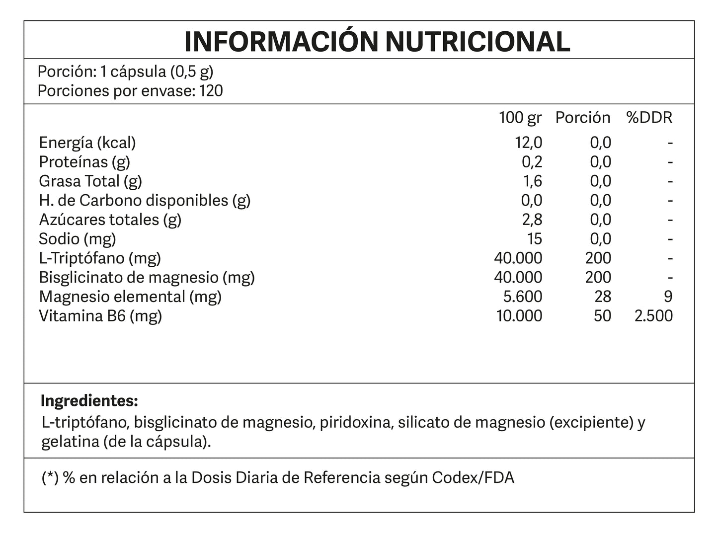 L-Triptófano + Bisglicinato de magnesio + Vitamina B6 120 cápsulas