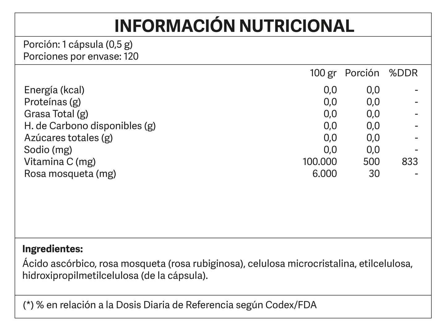 Vitamina C con Rosa mosqueta 120 cápsulas microgránulos