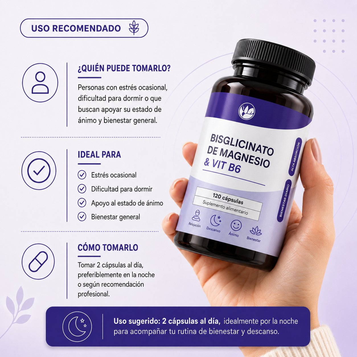 Bisglicinato de magnesio + L- Triptofano y B6 120 Caps | Sueño Profundo