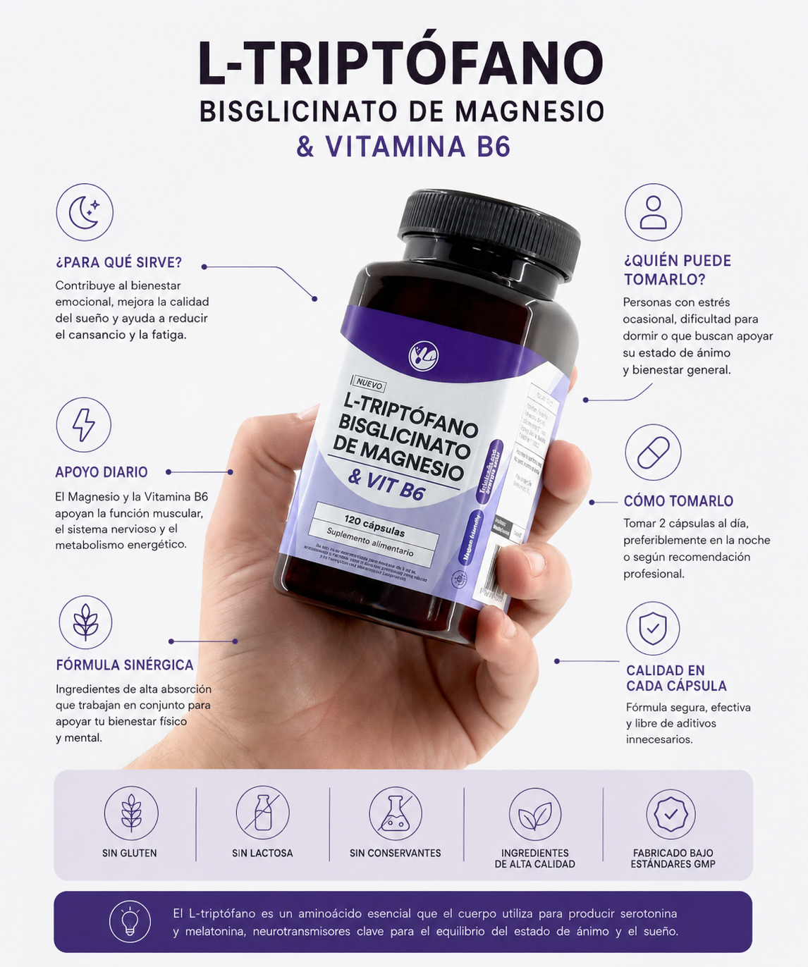 L-Triptófano + Bisglicinato de magnesio + Vitamina B6 120 cápsulas