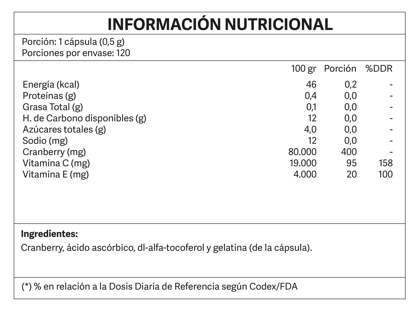 Cranberry con Vitamina C y E 120 cápsulas