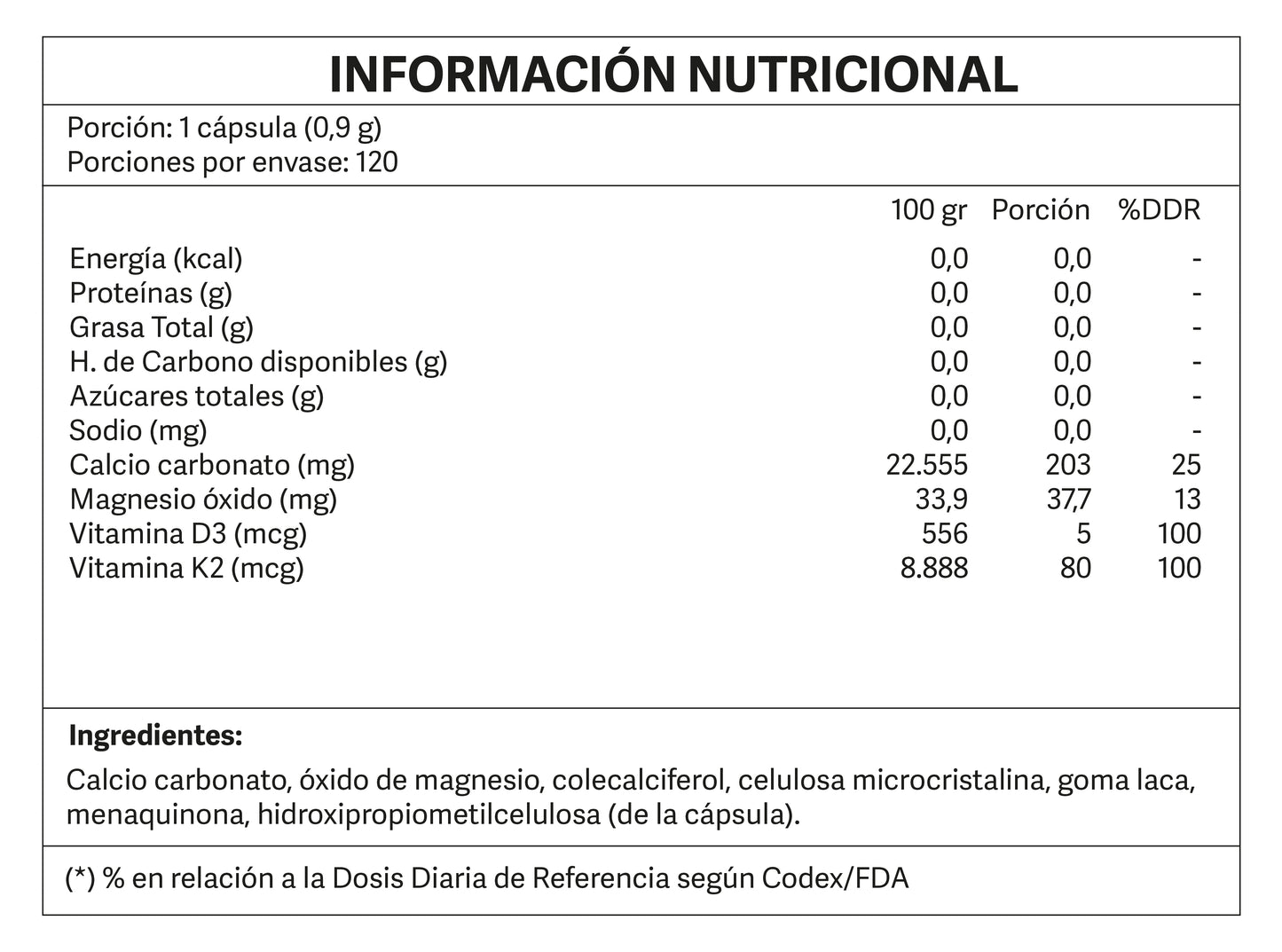 Calcio, magnesio Vitamina D y K2 120 cápsulas microgránulos