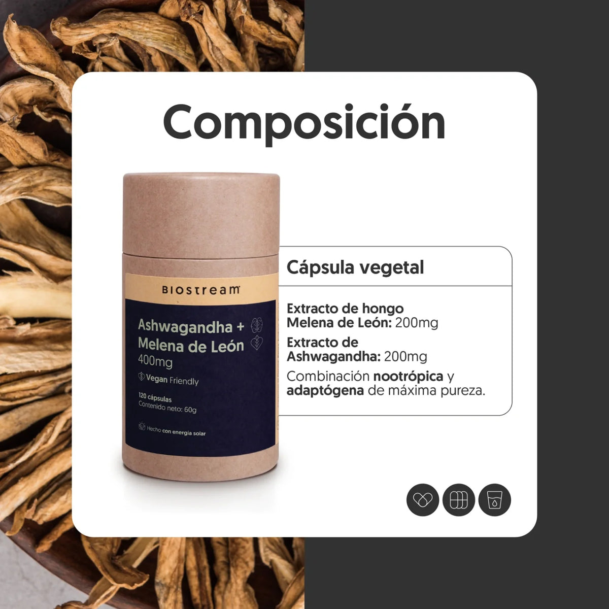 Ashwagandha + Melena de león 400mg 120 cápsulas Vegana