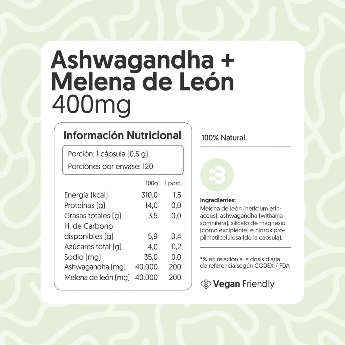 Ashwagandha + Melena de león 400mg 120 cápsulas Vegana