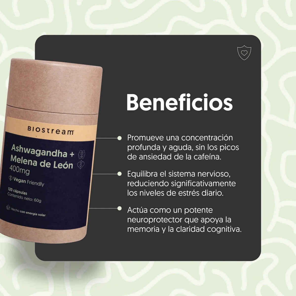 Ashwagandha + Melena de león 400mg 120 cápsulas Vegana