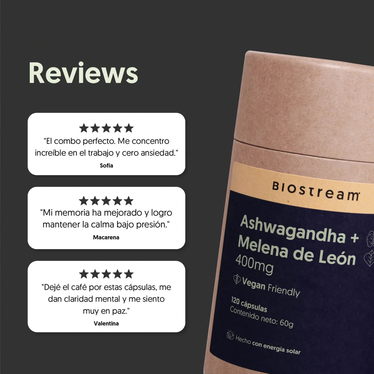 Ashwagandha + Melena de león 400mg 120 cápsulas Vegana
