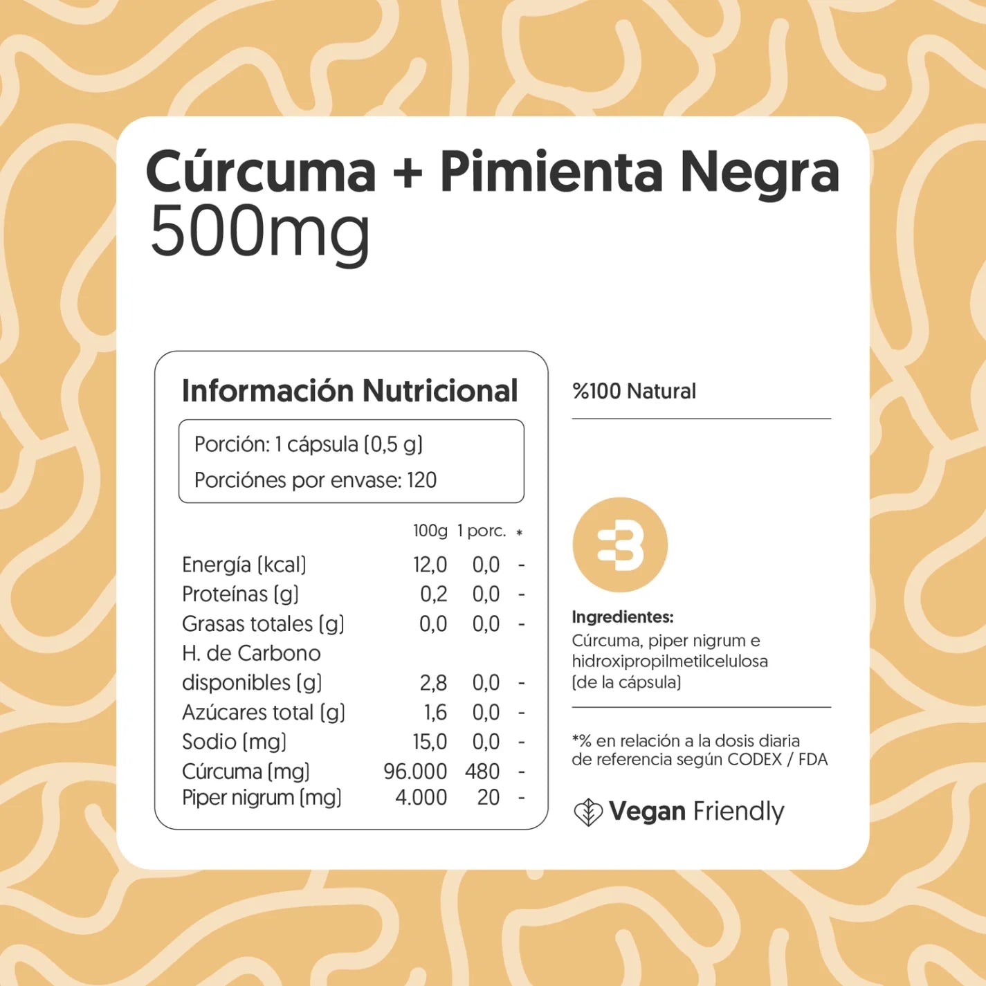 Cúrcuma + Pimienta Negra 500mg 120 Cápsulas Vegana