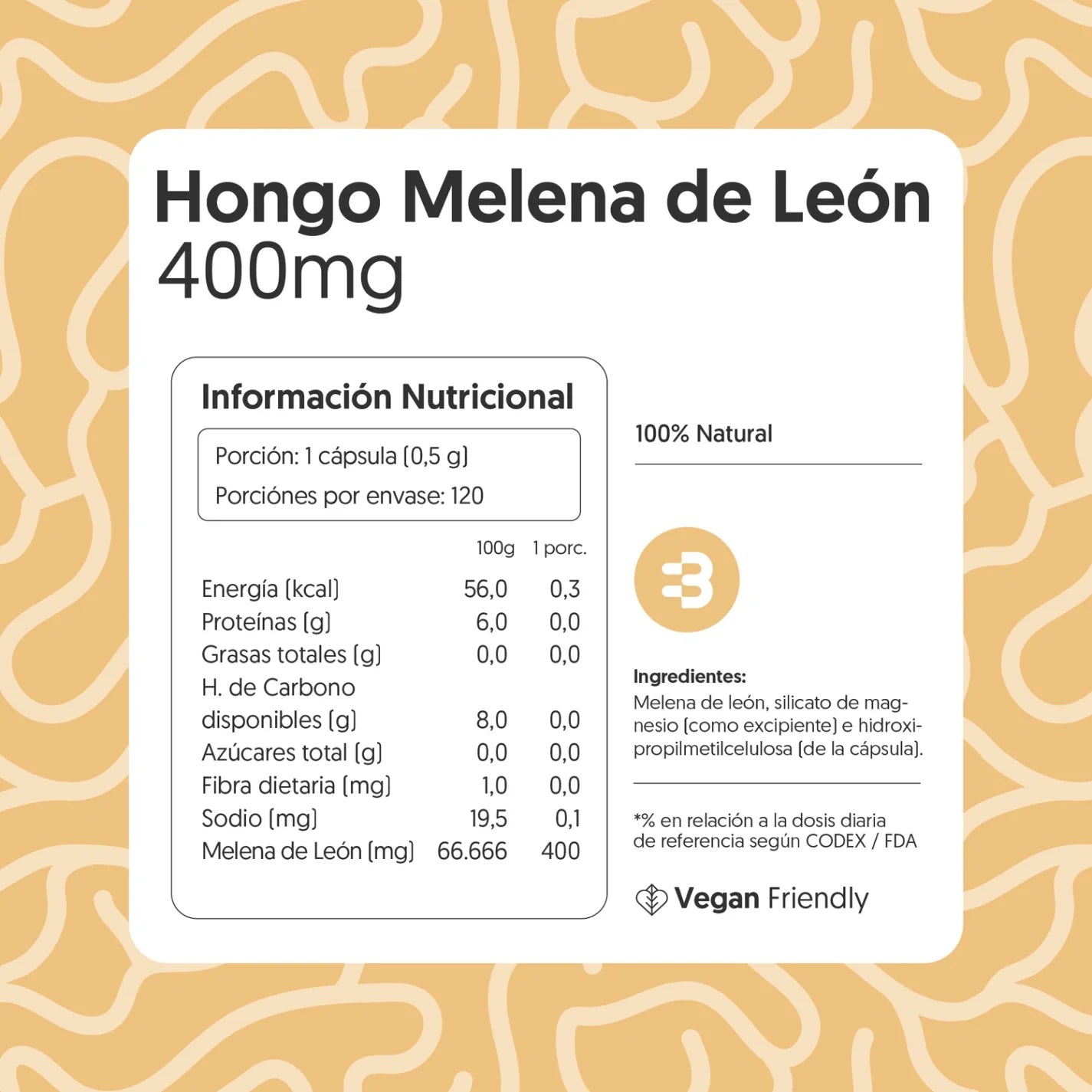 Hongo Melena de León 400mg 120 Cápsulas Vegano