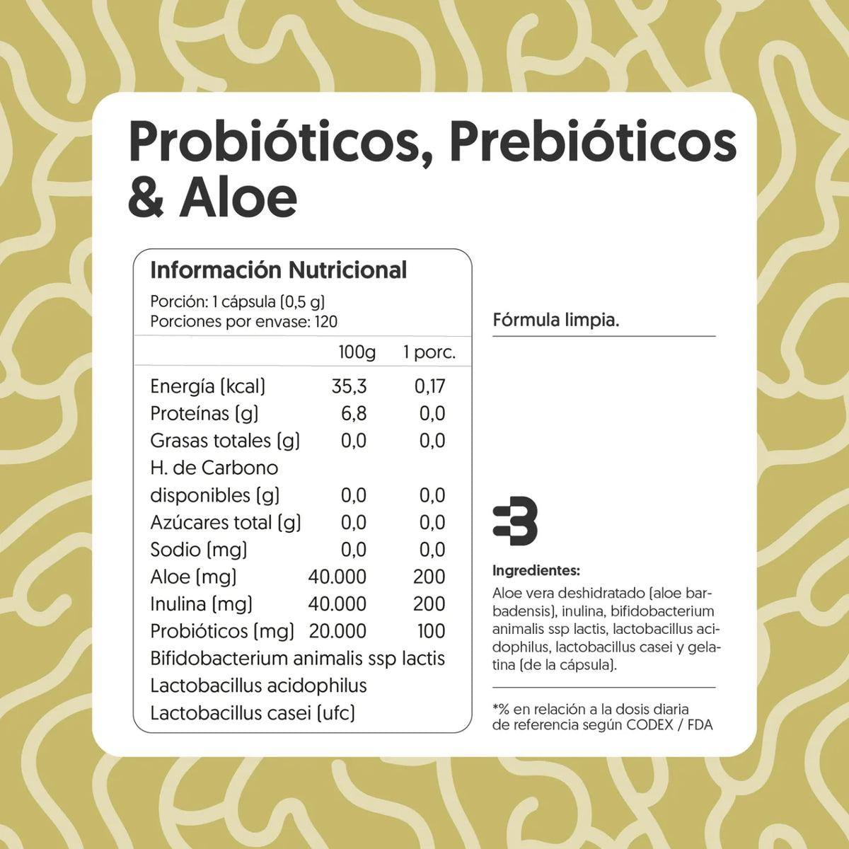 Probióticos, Prebióticos & Aloe 120 Cápsulas